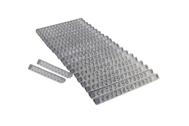 Plastikowe cenowki  czarne, przezroczyste 6x9mm  €,$,¥ 20 rząd 