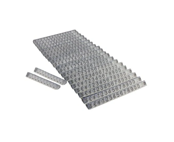 Plastikowe cenowki  czarne, przezroczyste 6x9mm  €,$,¥ 20 rząd 